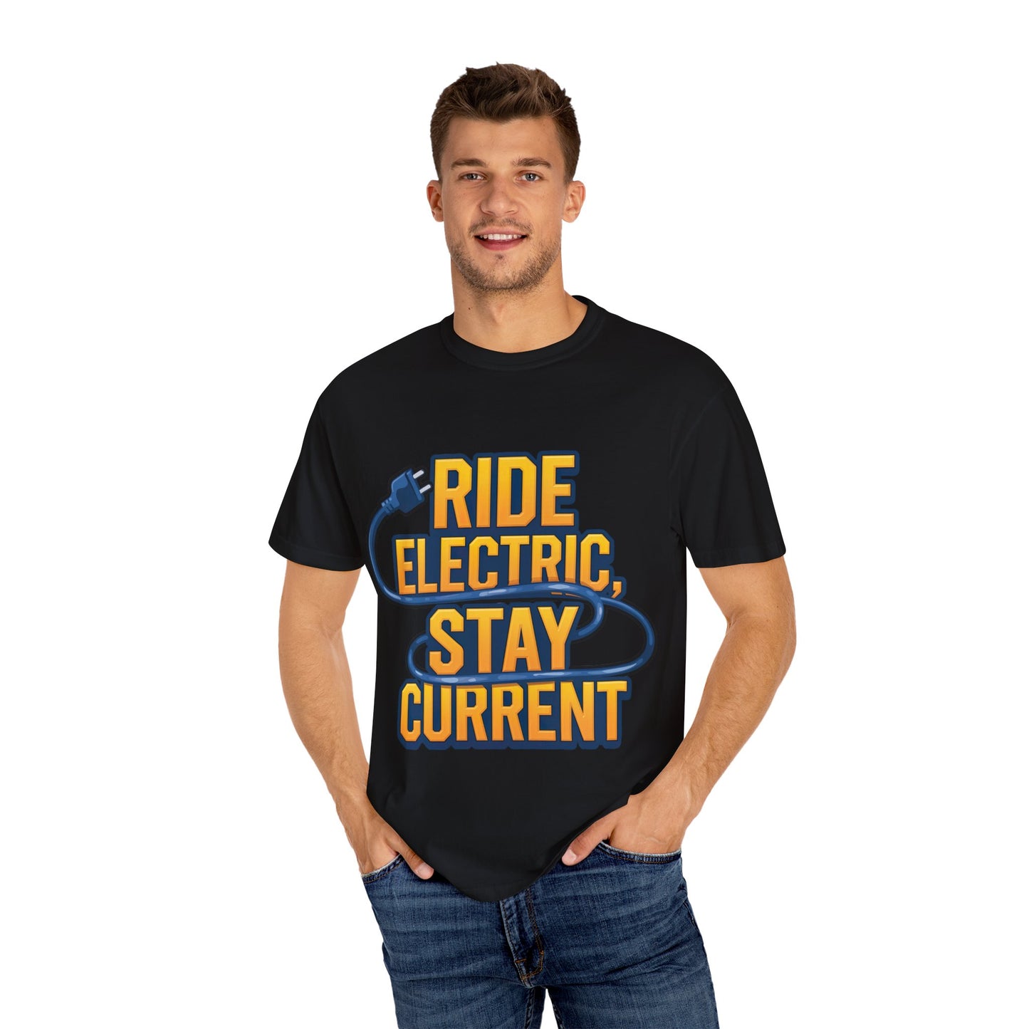 Ride Electric Stay Current - Unisex Garment-Dyed T-shirt for E-Bike Riders