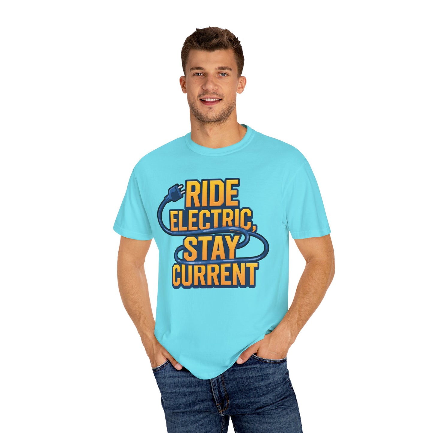 Ride Electric Stay Current Blue - Unisex Garment-Dyed T-shirt for E-Bike Riders