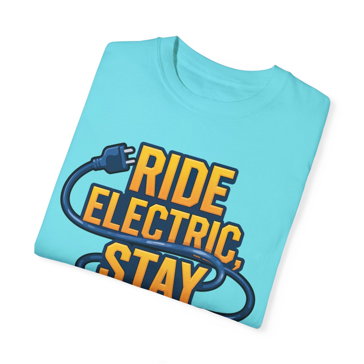 Ride Electric Stay Current Blue - Unisex Garment-Dyed T-shirt for E-Bike Riders