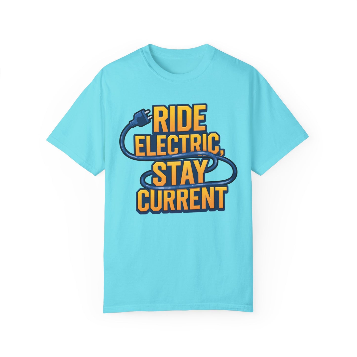 Ride Electric Stay Current Blue - Unisex Garment-Dyed T-shirt for E-Bike Riders