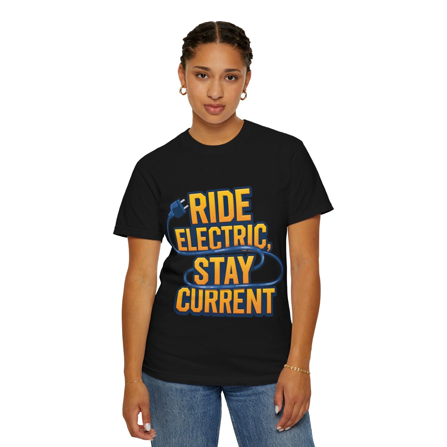 Ride Electric Stay Current - Unisex Garment-Dyed T-shirt for E-Bike Riders