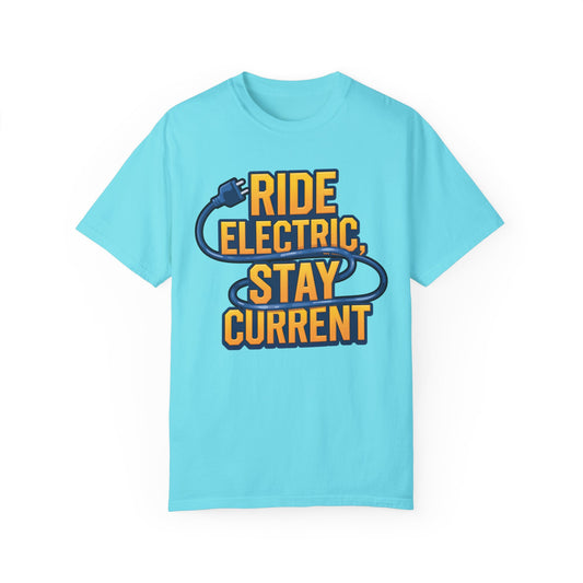 Ride Electric Stay Current Blue - Unisex Garment-Dyed T-shirt for E-Bike Riders